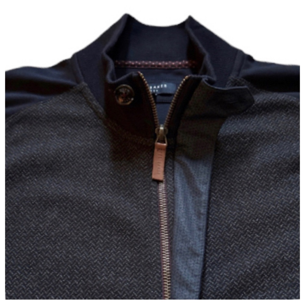 TED BAKER LONDON FULL ZIP MEN’S COTTON BOMBER STYLE KNITWEAR JACKET NAVY GRAY - Picture 3 of 12